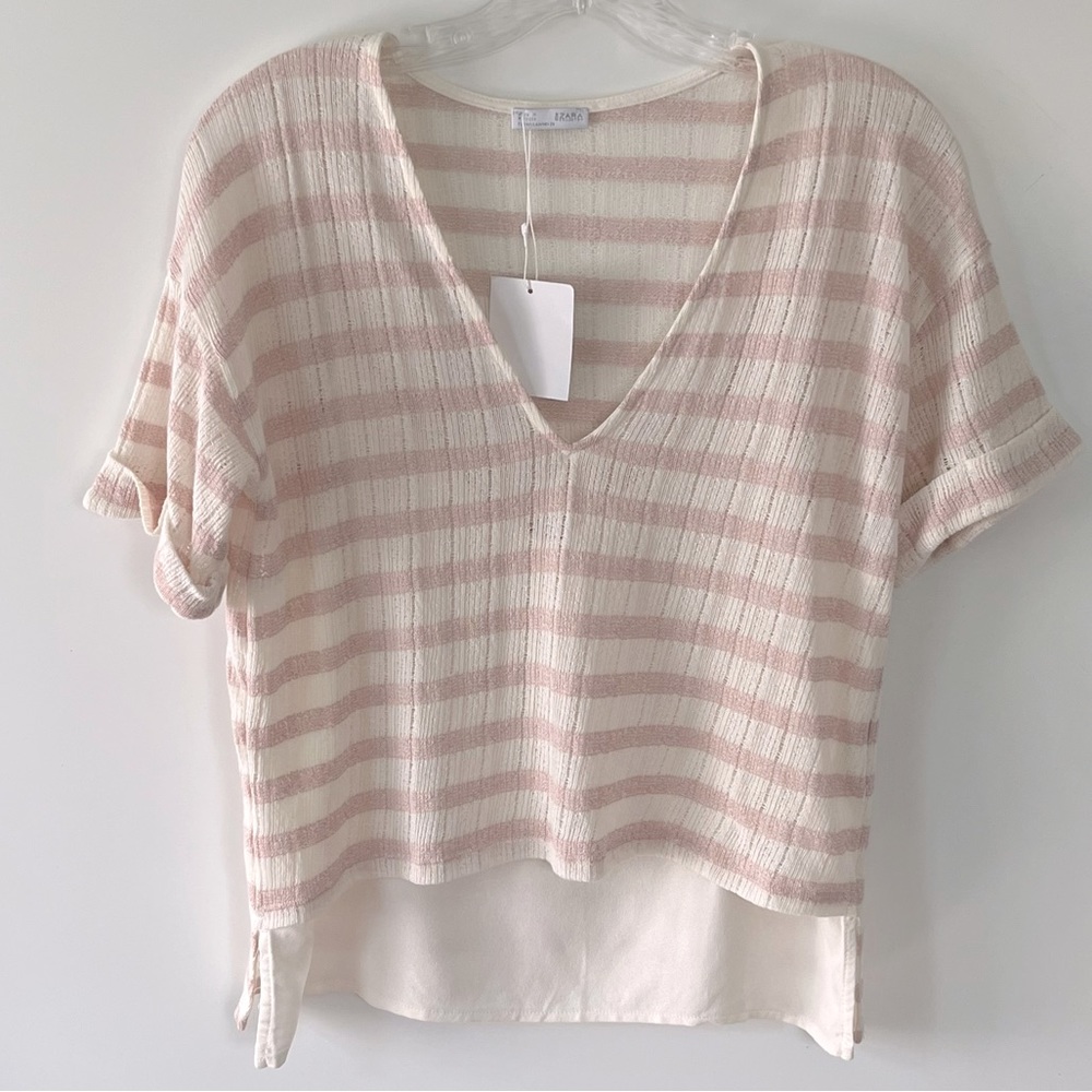 Zara Pink & White striped sheer viscose v-neck lightweight versatile Blouse